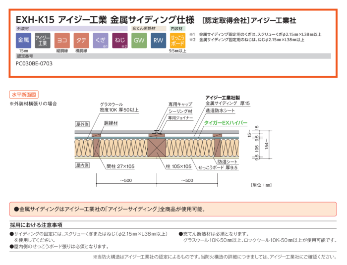 EXH-K15 アイジー工業 金属サイディング仕様 | 特徴 | 外壁下地用耐力面材 | truss (トラス) - メーカー横断の建材検索サイト